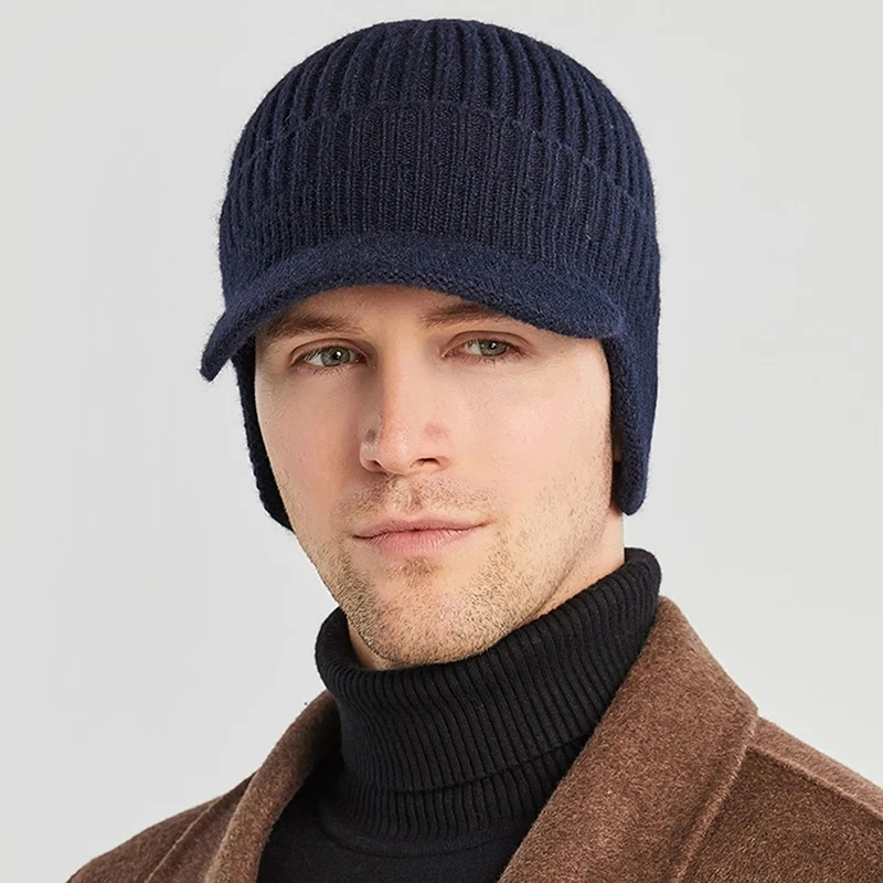 

Men Winter Knitted Ear Protection Cap Think Wool Beanies Bonnet Snapback Cap Short Brim Hat Outdoor Cycling Plush Keep Warm Hat