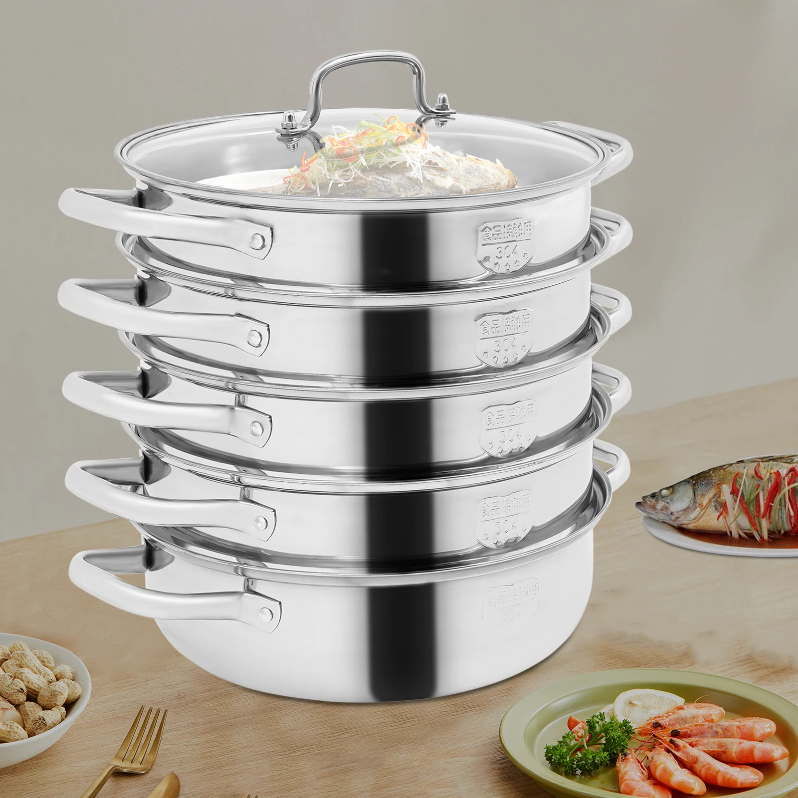 4-stufiger Dampfgarer aus Edelstahl 304, 28 cm, Dampfgarer mit gehärtetem Glasdeckel für Krabben, Hummer und Meeresfrüchte – Detail 14