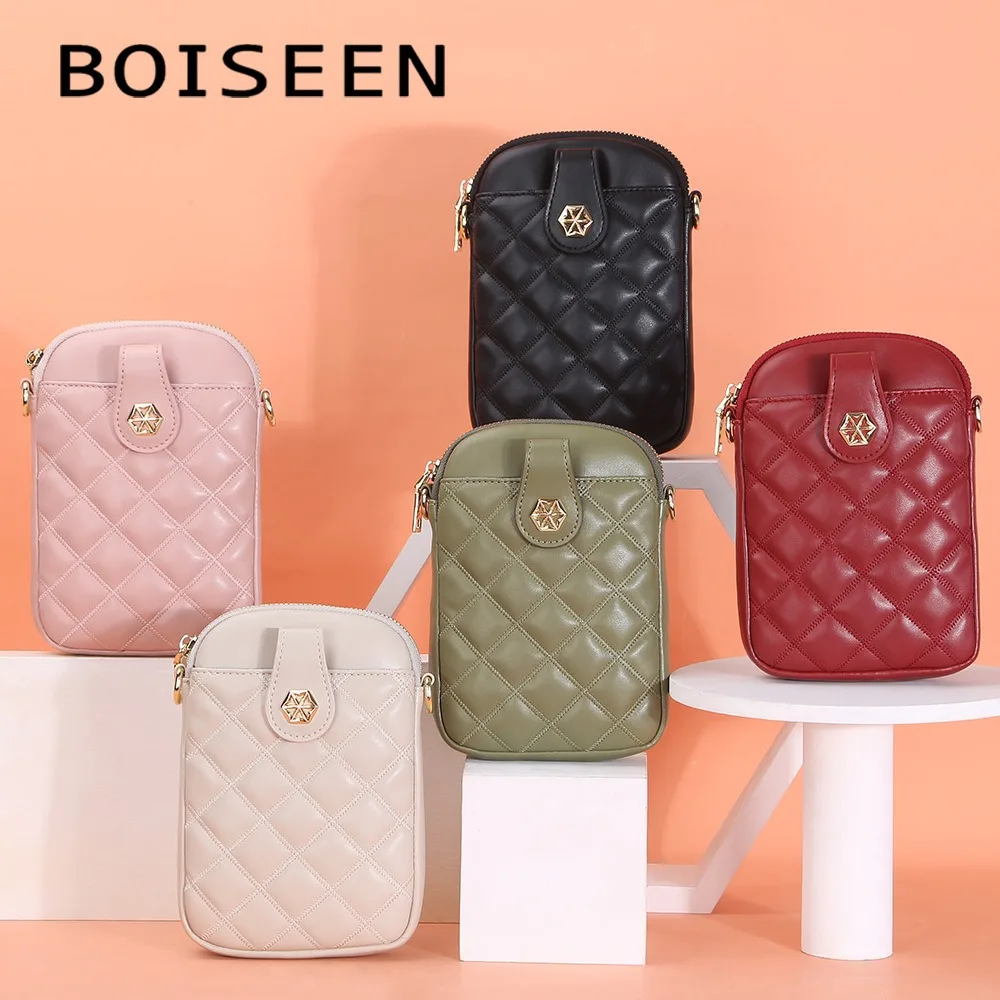 BOISEEN Women's Embroidered Grid Crossbody Bag 2025, Vertical Anti-Theft Phone Purse Multifunctional PU Leather with Card Slots