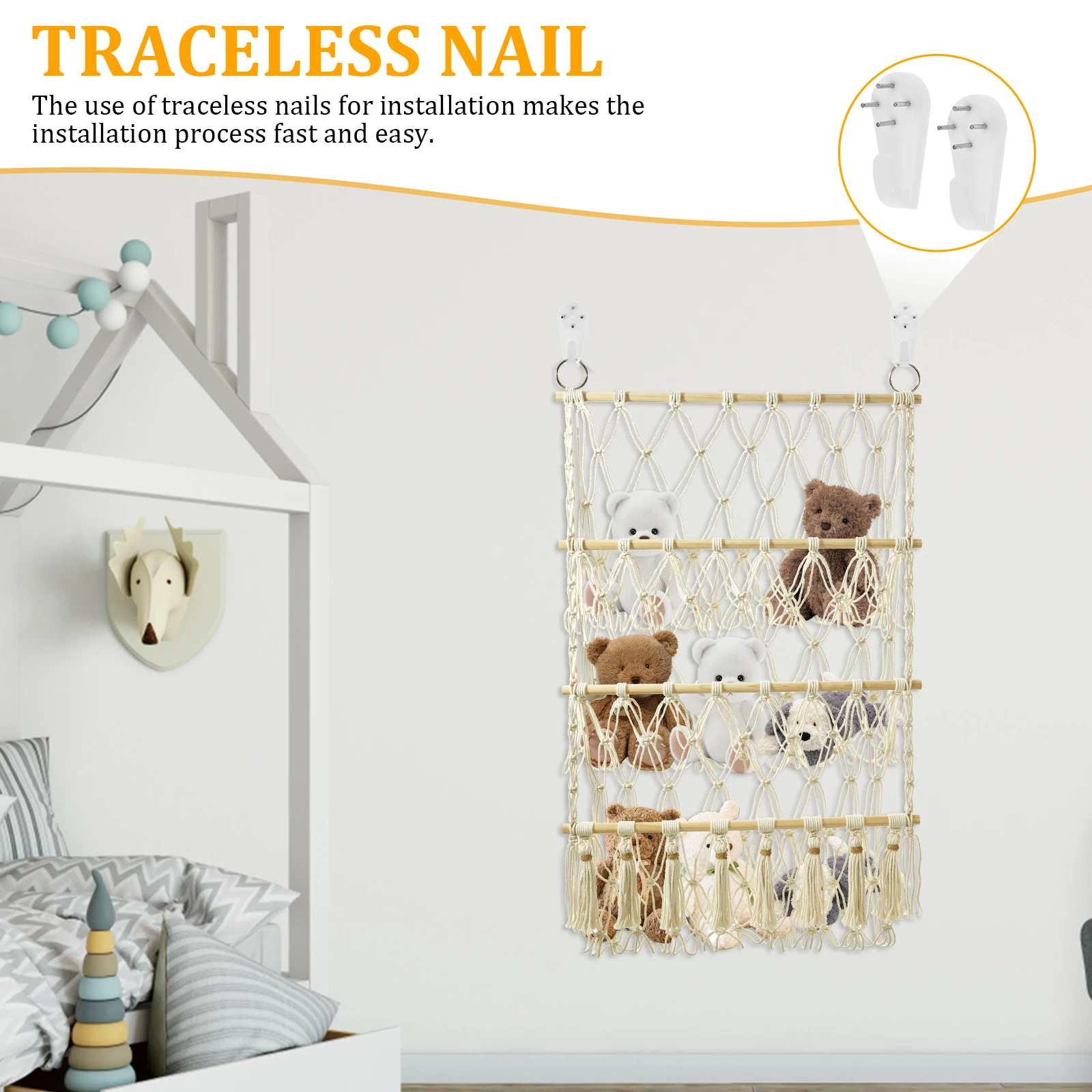 Stuffed Toy Storage Rack Handmade Woven Cotton Rope Decoration Wall Hanging Organizer Multi-layer Simple Hammock Storage Net Bag - 3