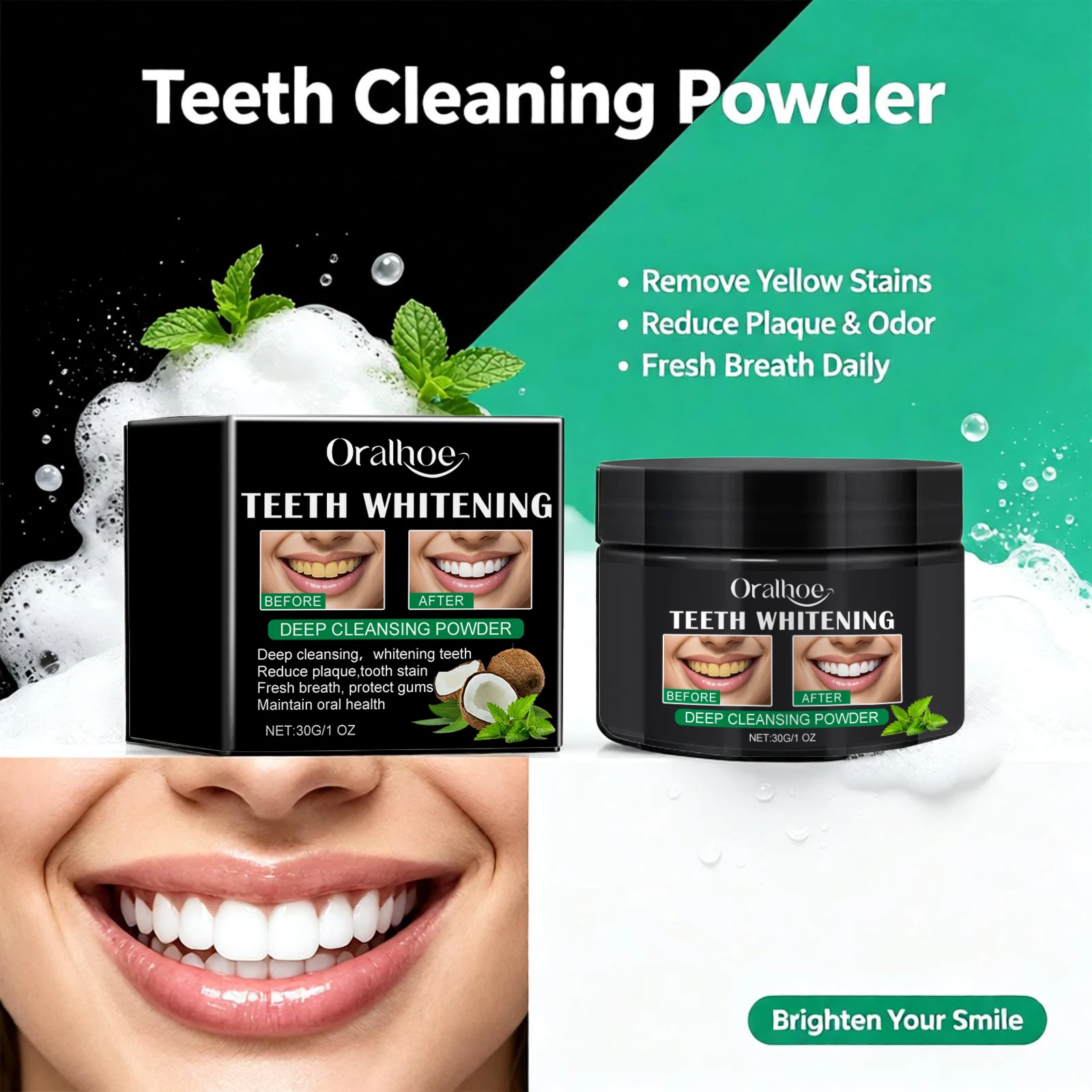Polvere Sbiancante per Denti, Pulizia Profonda, Rimuove le Macchie Gialle, Alito Fresco, Migliora la Superficie dei Denti, Cura della Pulizia Orale - immagine 4