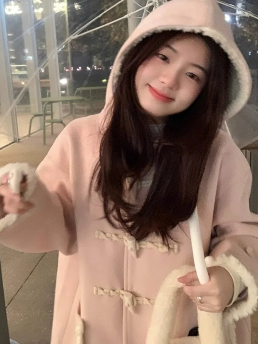 Thiened Long Fem Sle Albino Camel Hair Coat Pink Woolen Jaet with Detachable Hat Korean Sweet Sle Coat with Horn B...