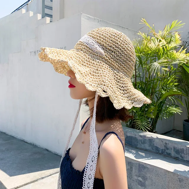 Summer Straw Hat for Women Lace Beach 