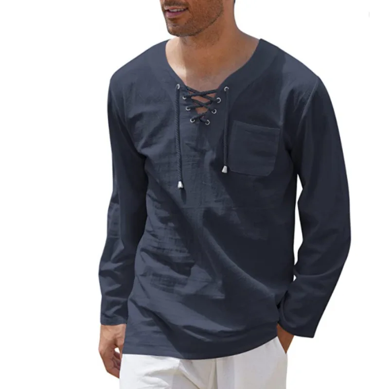 Men's Hot Sale Cotton Linen Fashion Casual Lace Up V Neck Long Sleeve Shirt