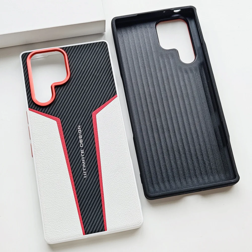 Enhanced Red Spliced Carbon Fiber Leather Phone Case with Camera Protection