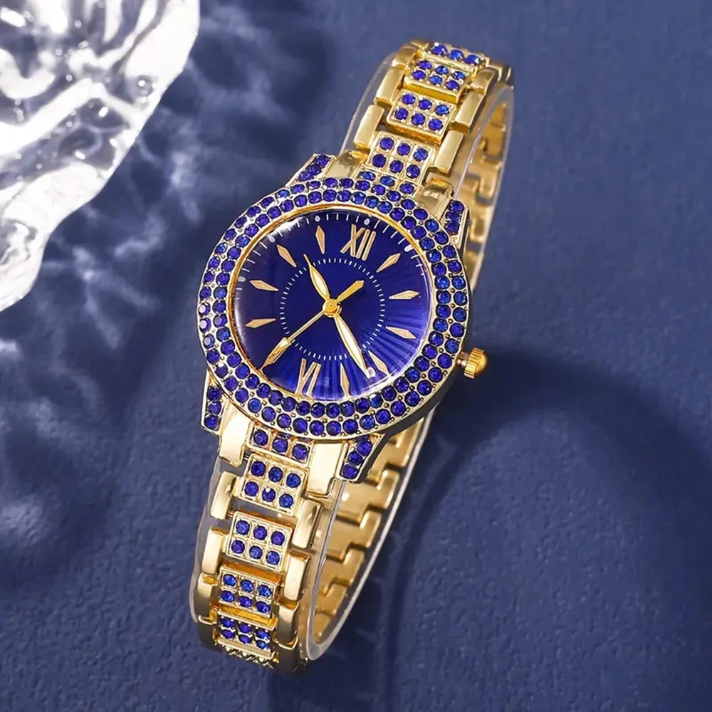 6PCS/Set Women's Blue Alloy Watch Strap Fashionable Rhinestone Quartz Watch Necklace Earrings Jewelry Set 4