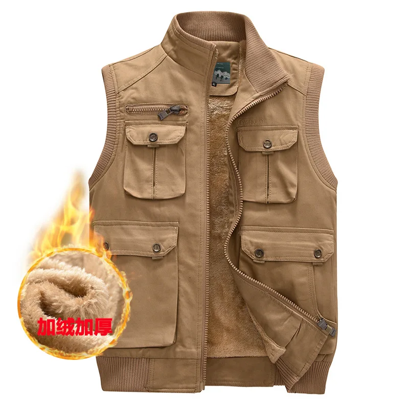 men jeans autumn winter warm plush lined drawstring elastic waist pockets casual loose soft male cuffed trousers menswear 2023 Men's Fleece Vest Military Tactical Multi Pockets Travel Sleeveless Top Jacket Male Work Wear Winter Warm Waistcoat Black