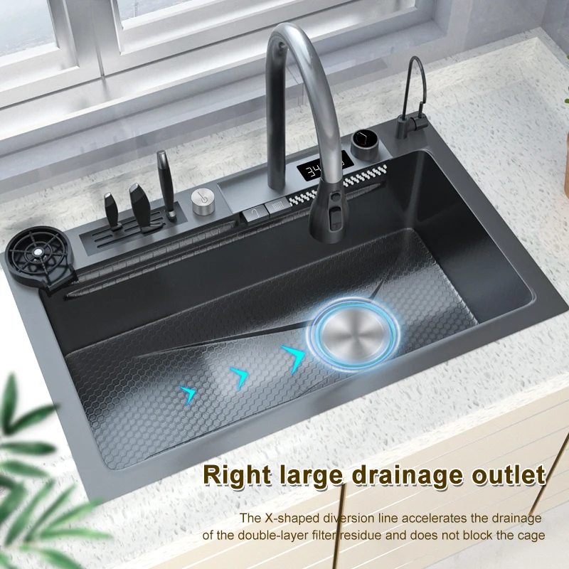 Stainless Steel Kitchen Sink Embossed Digital Display Waterfall Sink  Large Single Slot Household Dishwashing Basin