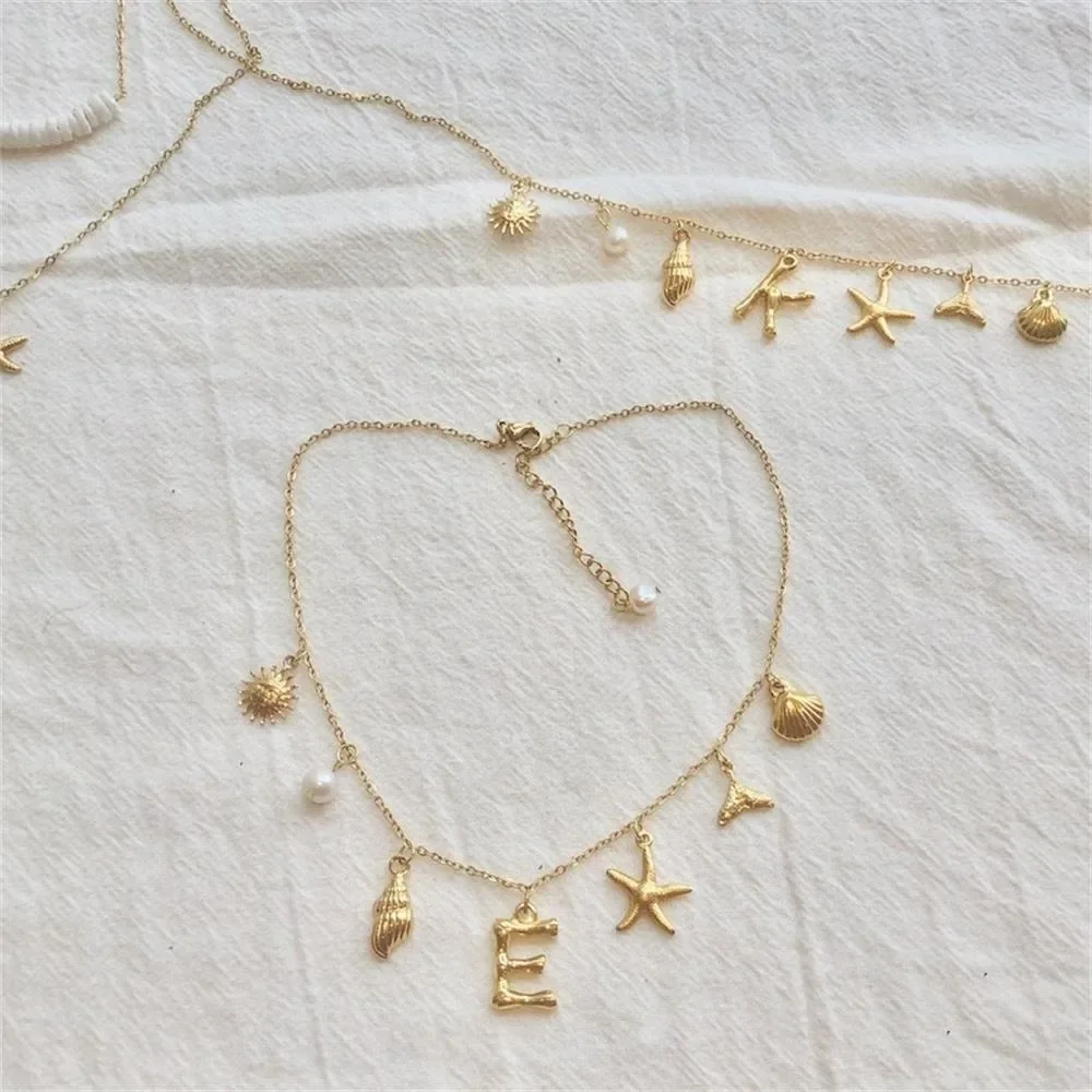 Beach Bohemian Golden Bamboo Shaped Letters Alphabet Neckalce Conch Shell Starfish Pearl Small Pendant Choker Party Jewelry New