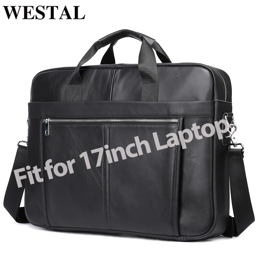 WESTAL 17'' Laptop Bag for Men Briefcases Genuine Leather Totes a4 Document Bags Men's Business Bag Leather Men Handbags 5013 leather briefcase document bag