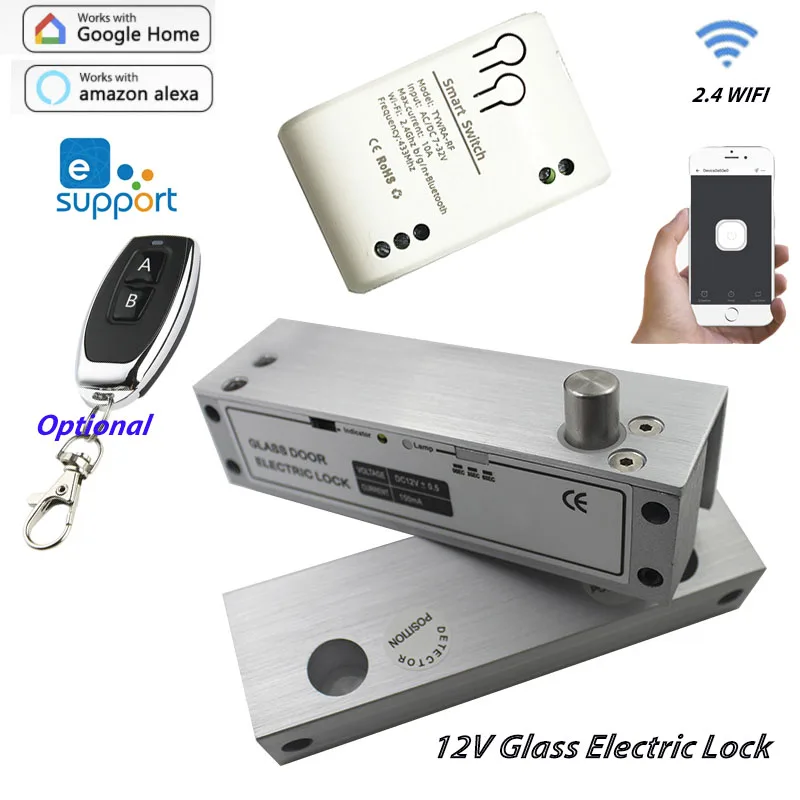 Drill Free Electric Bolt Lock For Left Open Glass Door 12V Ewelink Smart Wifi Switch Control Optional Remote control Exit Button