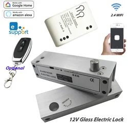 Drill Free Electric Bolt Lock For Left Open Glass Door 12V Ewelink Smart Wifi Switch Control Optional Remote control Exit Button