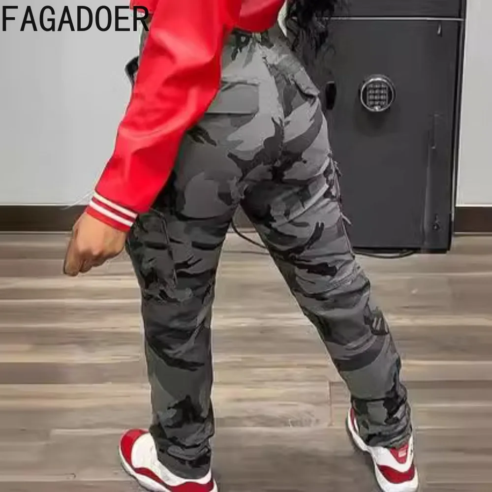 FAGADOER Gray Spring New Camouflage Printing Cargo Pants Women High Waist Button Pocket Sporty Jogger Pants Female Bottoms 2024