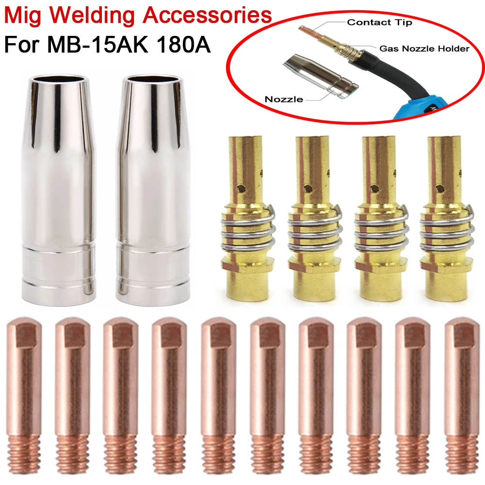 Welding Torch 16Pcs Mig Welding Consumables Nozzle Co2 MB-15AK Argon Arc Welding 0.6 0.8 0.9 1.0 1.2mm Nozzle Contact Tip for 15AK MIG MAG