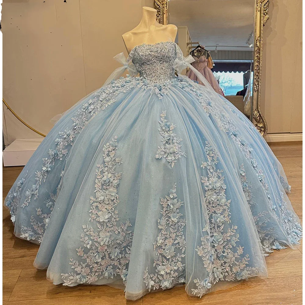 Glitter Light Blue Quinceanera Dresses With Bow 3D Flower Beading Lace  Birthday | eBay