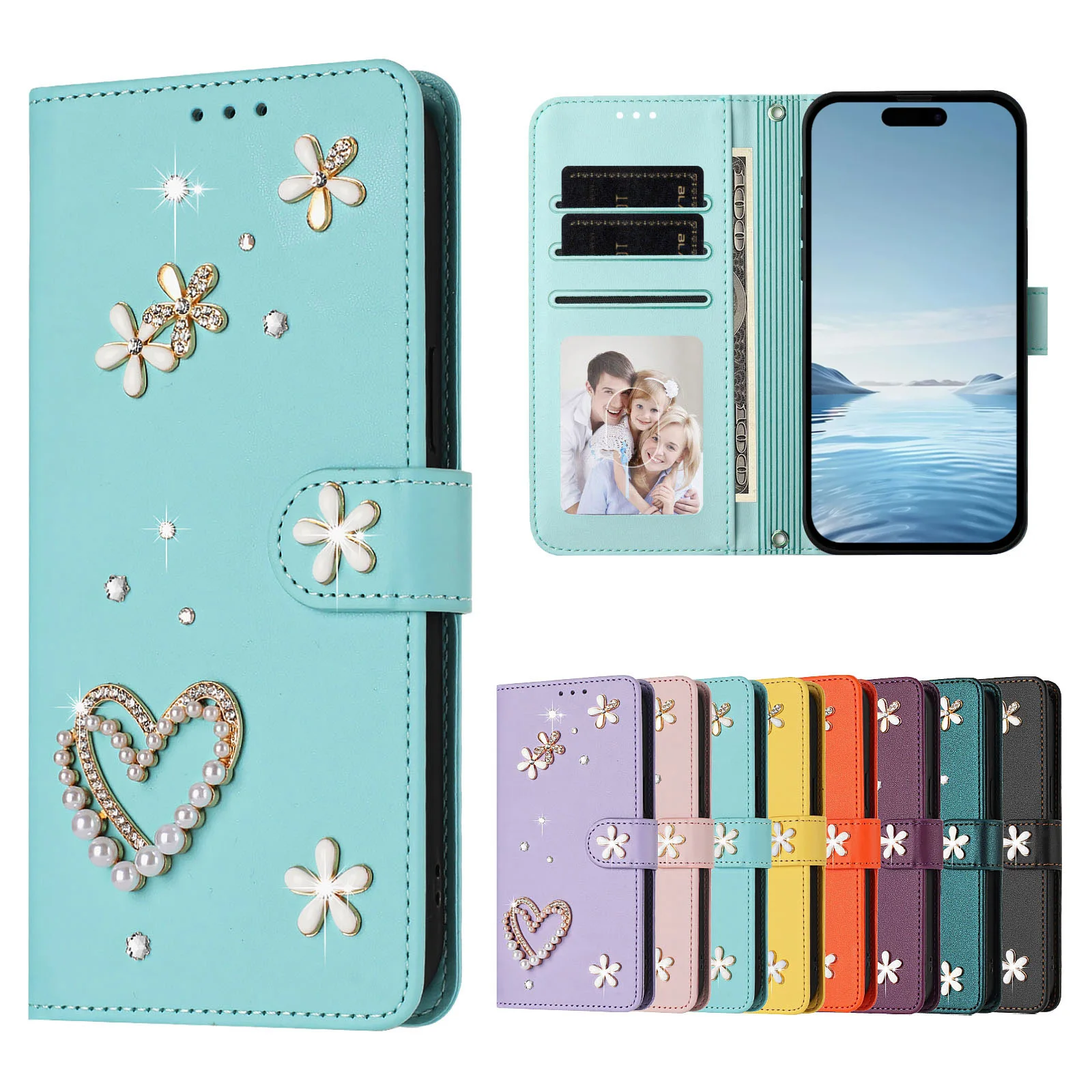 Sparkling Jeweled Leather Phone Case with Lanyard and Cardholder Wallet