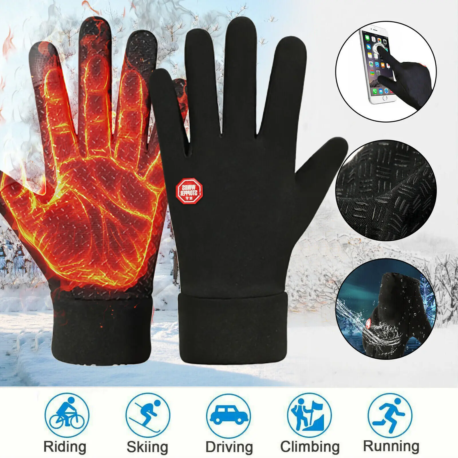 MensWinterWarmWindproofWaterproofFleeceLinedThermalTouchScreen