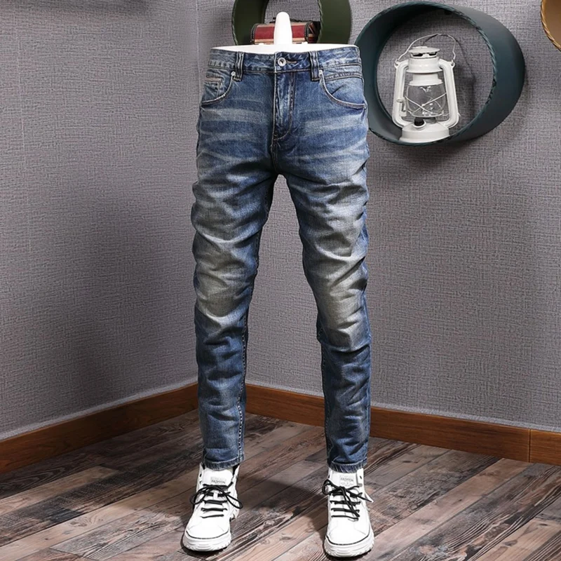 Newly Vintage Fashion Men Jeans High Quality Retro Blue Stretch Slim Fit Ripped Jeans Men Casual Designer Denim Pants Hombre