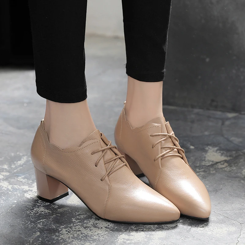 New Soft Leather Single Shoes Women's Genuine Leather Thick Heel Deep Lace up Versatile Small Leather Shoes