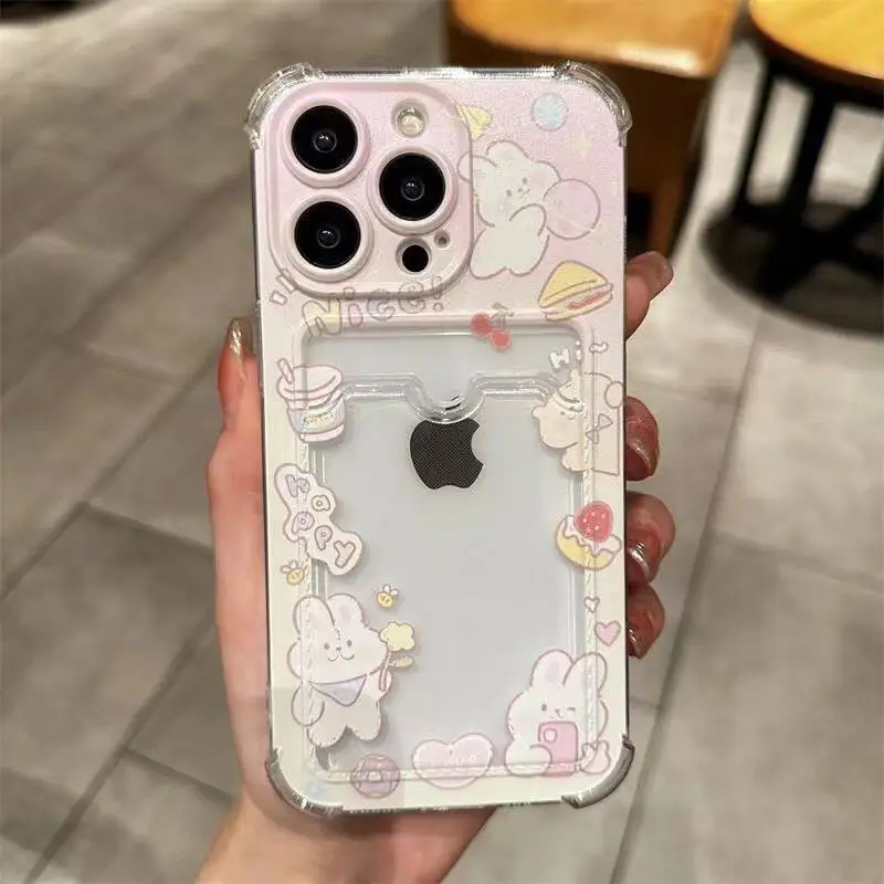 INS Korean Cute Pink Rabbit Card Slot Bag Holder Phone Case for IPhone 16 15 14 13 12 11 Pro Max 16 Plus 12 Mini 7 8 X XR Cover 4