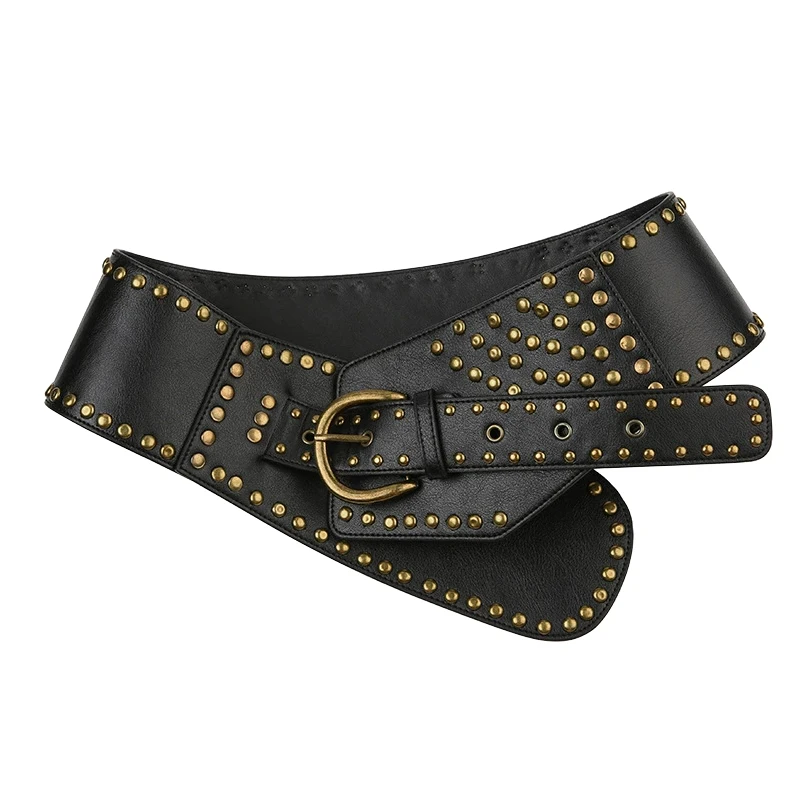 New Rivet Stitch Vintage Gothic Punk Black Belts For Women Chic PU Leather Streetwear Y2K Accessories Female Waistband Wide Belt