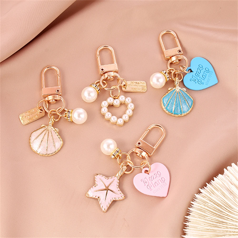 Starfish Pearl Heart Keychain Letter Tag Rhinestone Key Chains Bag Car