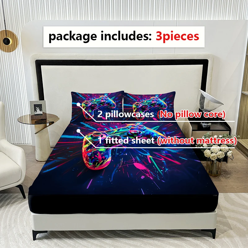3PC Colorful Spark Game Console Bed Sheet, 1 fitted Sheet+2 Pillowcases, Digital Printing Technology, Available for All Seasons 3