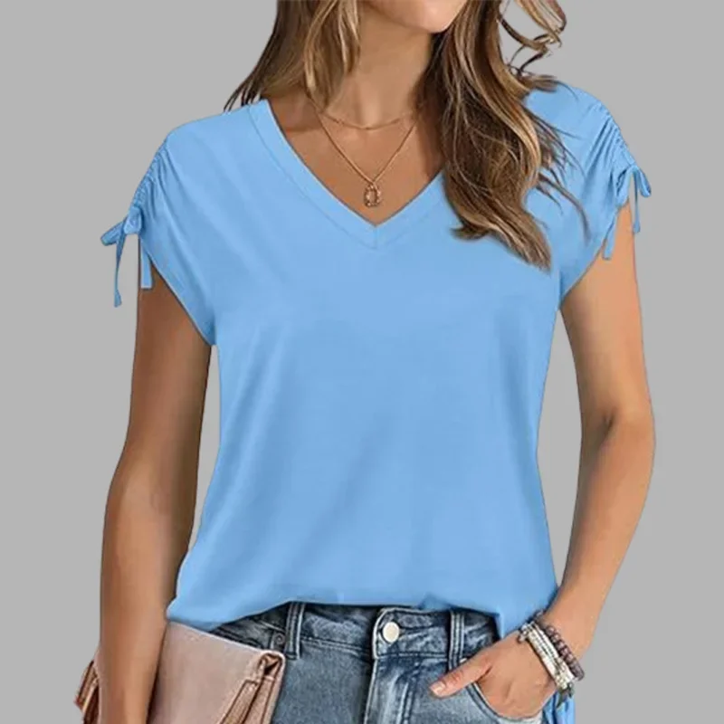 

V-Neck Solid Color Top Women's Summer Drawstring Short Sleeved Casual Pullover T-Shirt