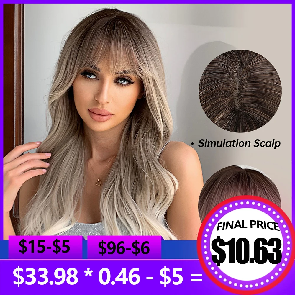 

Brown Gray White Ombre Synthetic Wigs for Black Women Long Wavy Wigs Fake Hair With Bangs Heat Resistant Wigs for Cosplay Daily