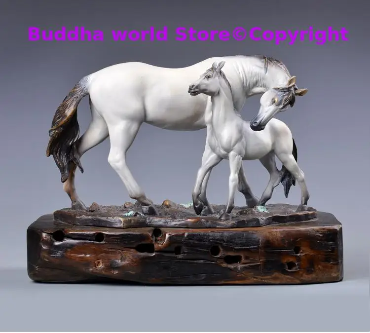 

43CM large HOME office Company SHOP TOP GOOD Bronze Christmas art GOOD LUCK Mascot white HORSES mother and son Decorative statue