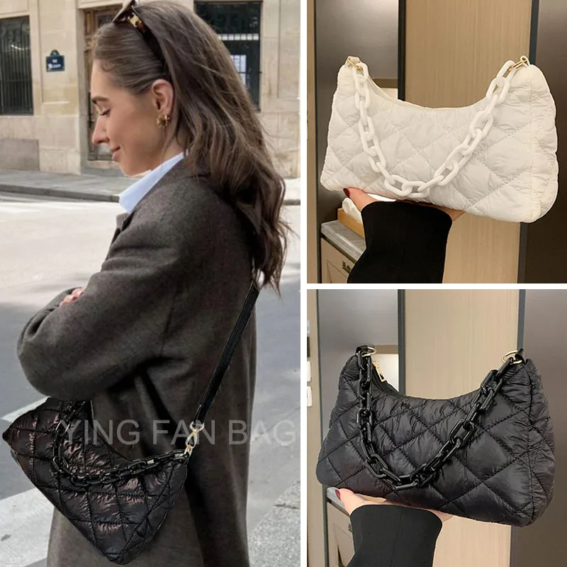 

2023 Fashion Oxford Cloth Shoulder Bag Thick Chain Underarm Bags for Women Brand Handbags Simple Purses Totes Women's Bag