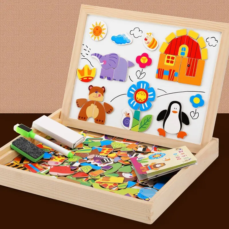 Wooden Multifunction Children Animal Puzzle Writing Magnetic Drawing Board Blackboard Learning Education Toys For Kids 3