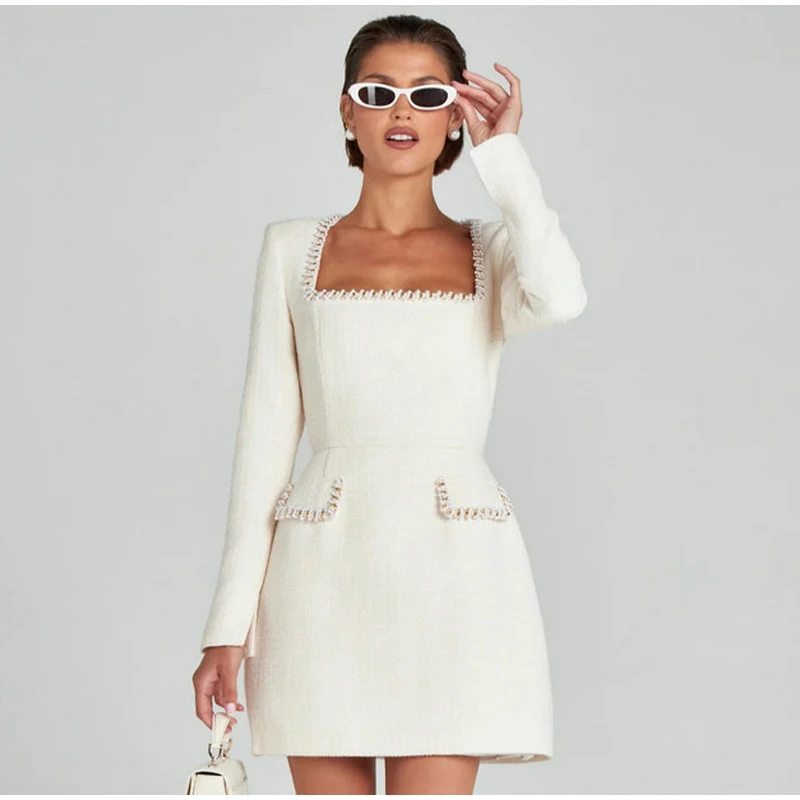 Elegant Tweed Mini Dress Women Square Collar Long Sleeve Shoulder Pads Dresses Female Autumn Lady HighStreet Robes