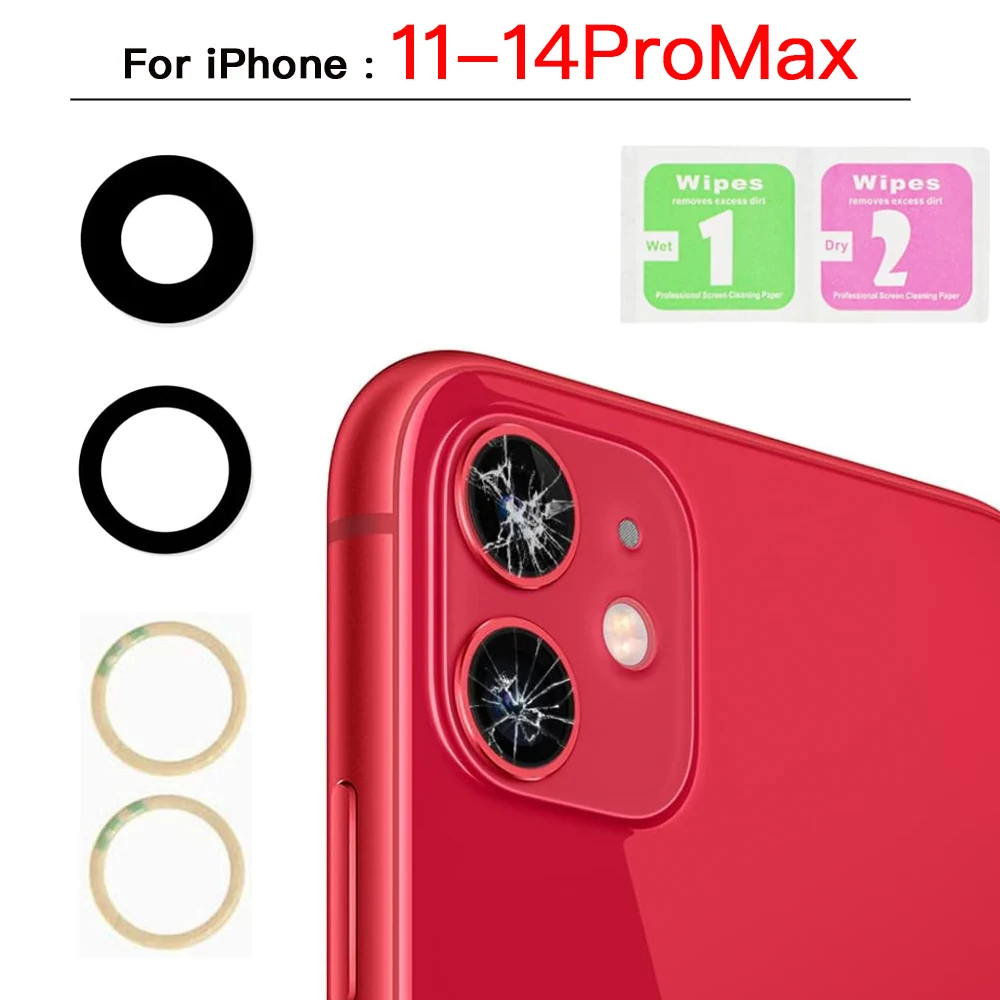 Verre de remplacement de l'objectif de la caméra arrière pour iPhone, lingettes sèches transparentes avec support, adhésif 3 M, iPhone X Poly XS 11 12 13 Mini 14 Plus Pro Max