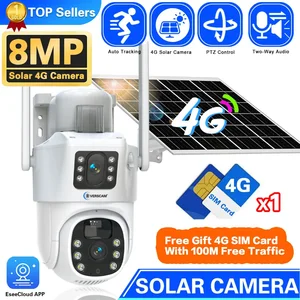 Free 4G sim card Solar Camera Camera 8MP 4K CCTV Battery Cameras Outdoor Dual Lens Smart Home Security Monitoring Surveillance