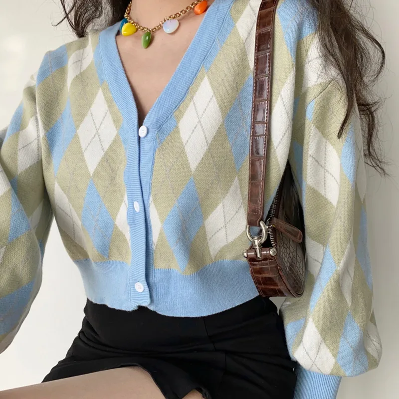 

GGRIGHT Korean Fashion V-neck Lantern Sleeve Short Knitted Sweater For Women Autumn Diamond Lattice Loose Cardigan