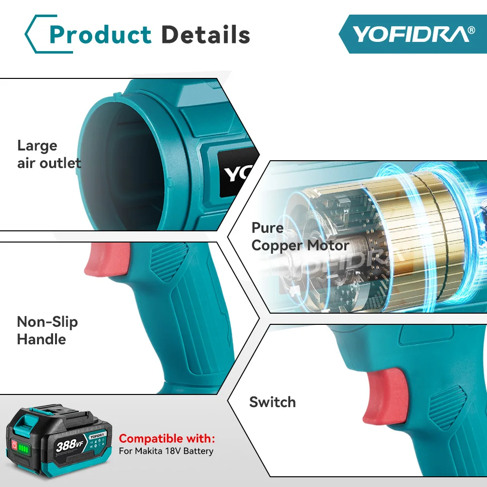 YOFIDRA 1200W High Power Turbo Fan 150M/S Handheld Thrust Violent Fan Stepless Speed Turbofan Snow Blower For Makita 18V Battery 6