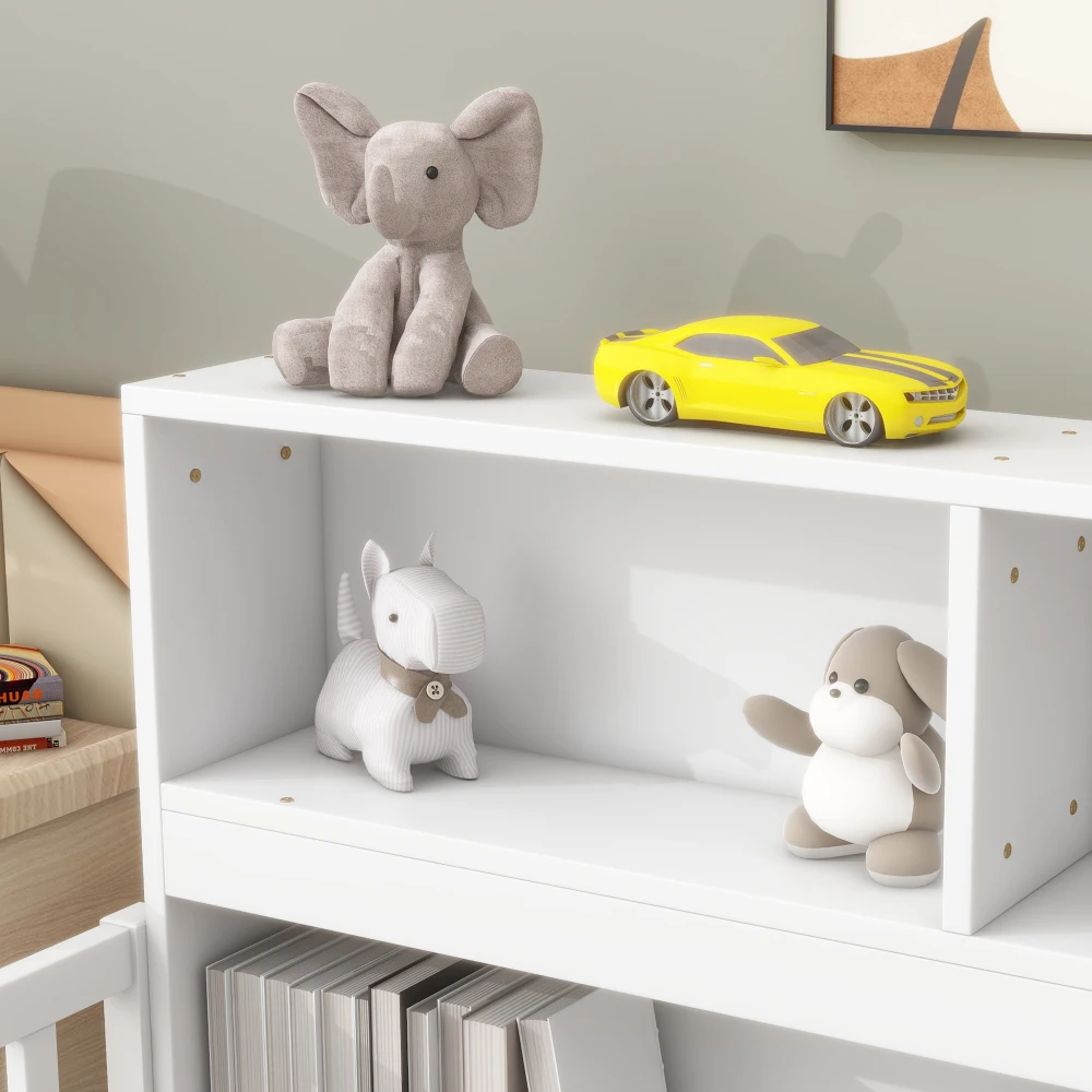 Twin Floor Bed with Bedside Bookcase,Shelves,Guardrails,White 4