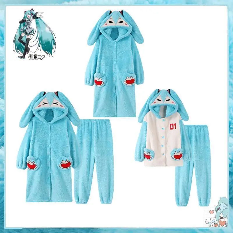 

New Hatsune Miku Coral Velvet Pajamas For Women In Winter Thickened Plush Pajamas Home Clothes Cloak Winter Long Style Pajamas