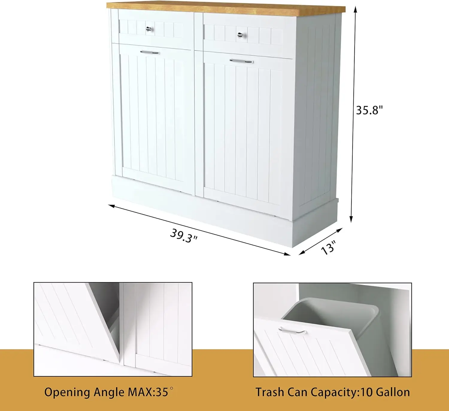Cabinet 10 Gallon Wooden Free Standing Laundry Sorter Cabinet,Recycling Cabinet with Hideaway Drawer,Tilt Out Trash Cabinet Can 3