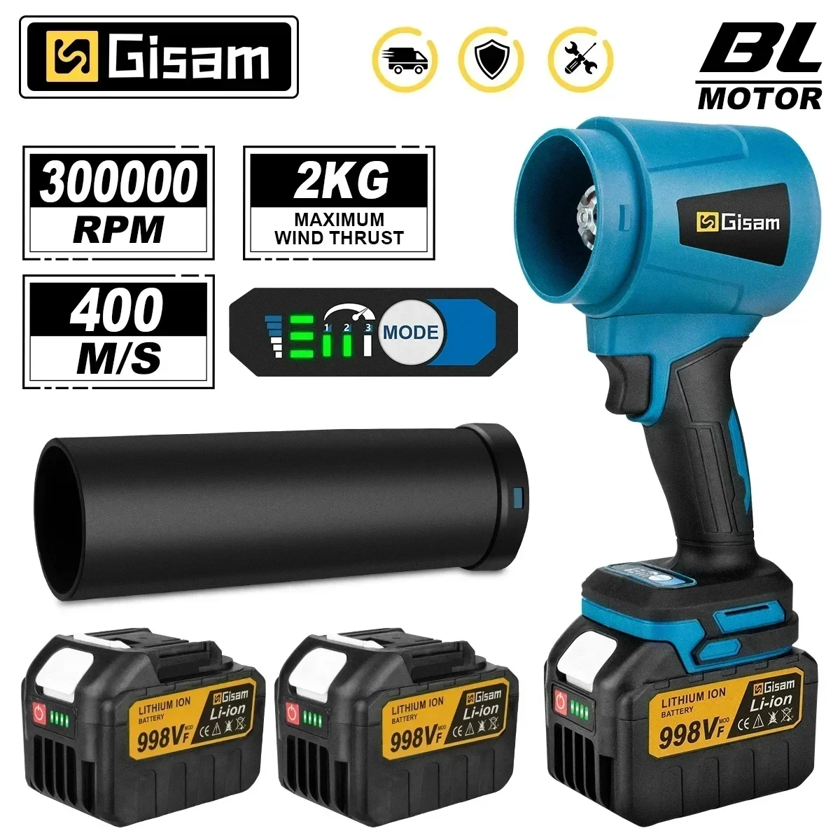 GISAM Brushless Electric Turbo Blower 202216001, 300000RPM jet fan 400M/S, handheld leaf blower and dust remover, compatible with Makita 18V battery pins