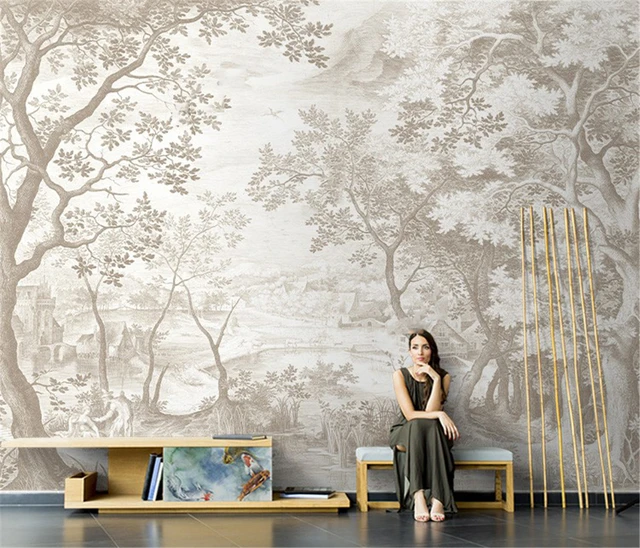 Papel de pared para decoración de pared de TV, pintura personalizada de  lujo pintada a mano en blanco y negro, árbol gris, dormitorio y sofá -  AliExpress