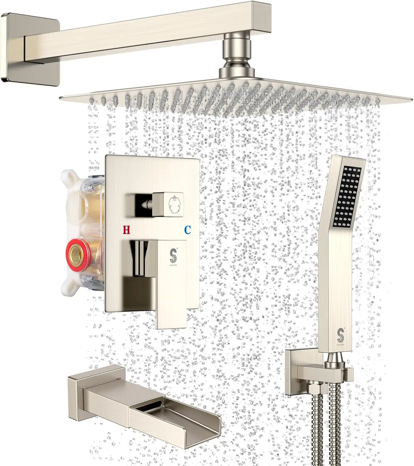 All Metal Bathtub Faucet Set Shower System with Tub Spout Square Rain Shower Head and Handheld Combo Fixtures