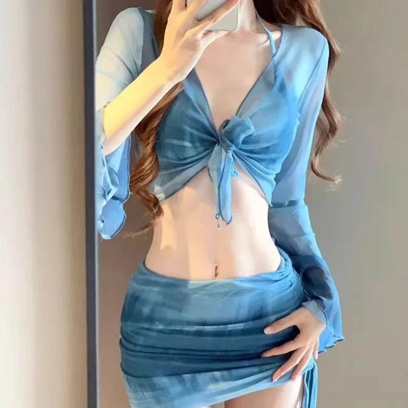 Women's Bikini Neck Strap Backless Tie-dye Beach Flared Sleeves Drawstring Breathable Short Dress 4-piece Sets Female Swimwears