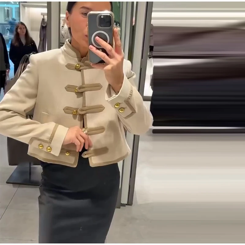 Beige abgeschnittene kurze Jacke für Damen, modisch, Stehkragen, Knebelverschluss, volle Ärmel, Mantel, 2023, Herbst, weibliche Pendel-Oberbekleidung – Detail 9