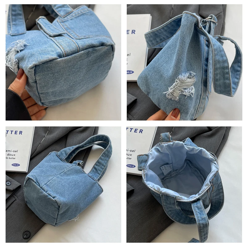 Vintage Denim Women's Bag 2023 New Jeans Bucket Bag Canvas Top Handle Bag Y2K Eco Bag Korean Shopper Female Tote Handbag Design