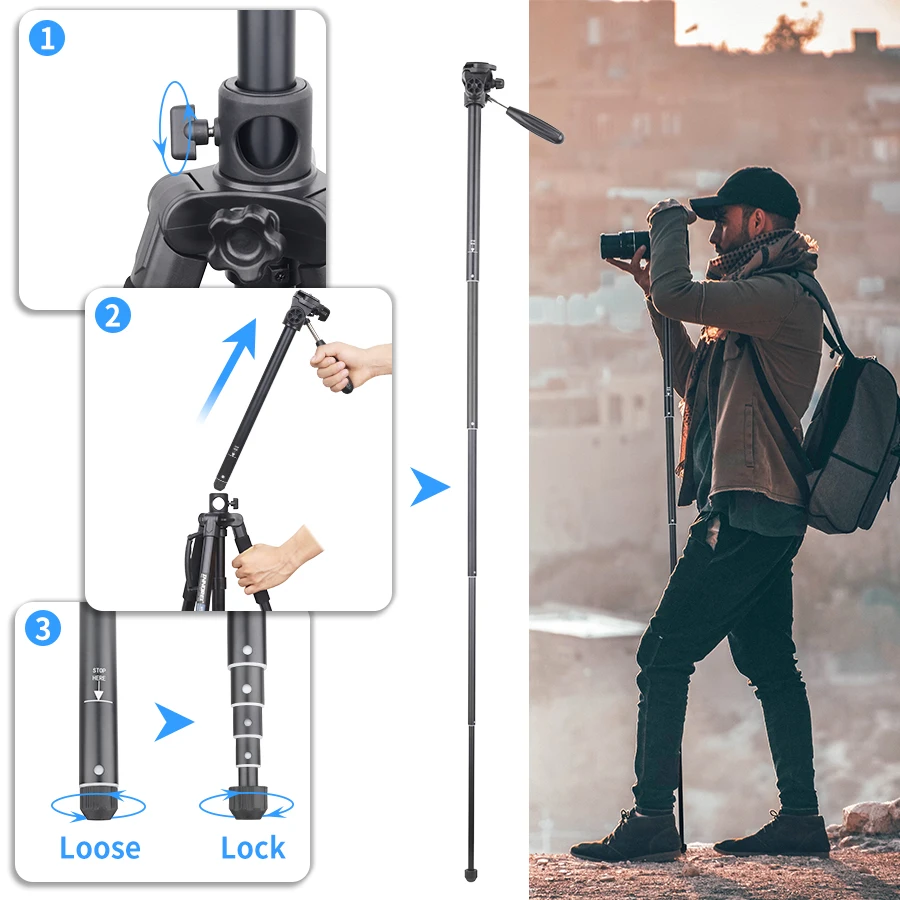RT20H Professional Lightweight Travel Aluminum Tripod with Adjustable Head Horiz