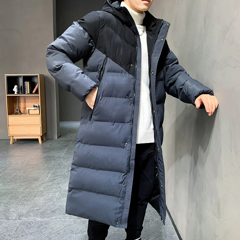 New Winter Men's Black Long Warm Cotton-Padded Jackets Outwear Casual Hooded Mid-Length Loose Down Coat Windproof Thicken Parkas