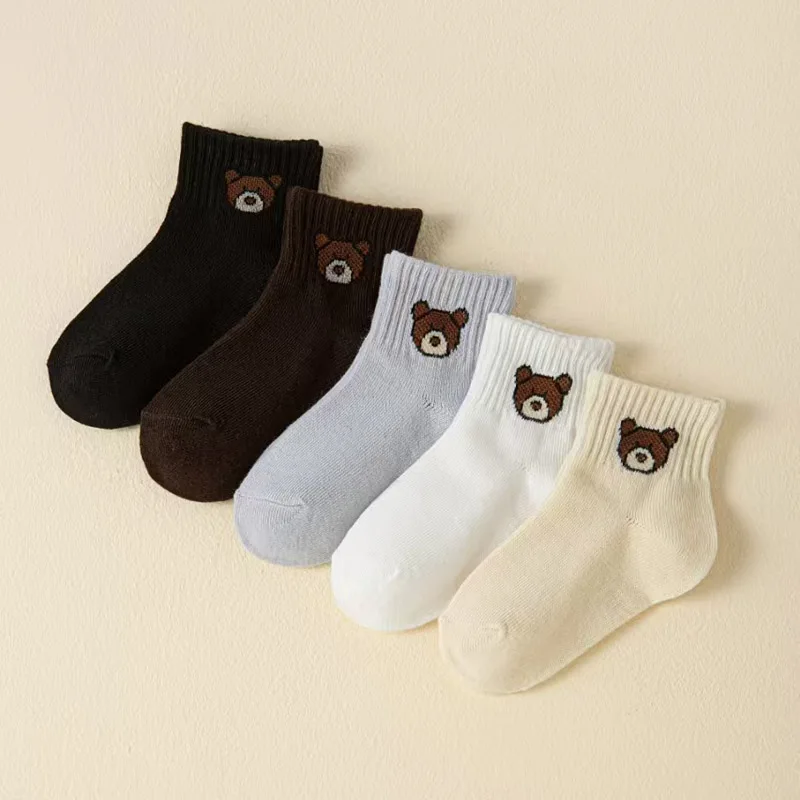 Kids Socks Cute Cartoon Bear Pattern Boys Girls Socks Comfortable for Toddler 5 Pairs