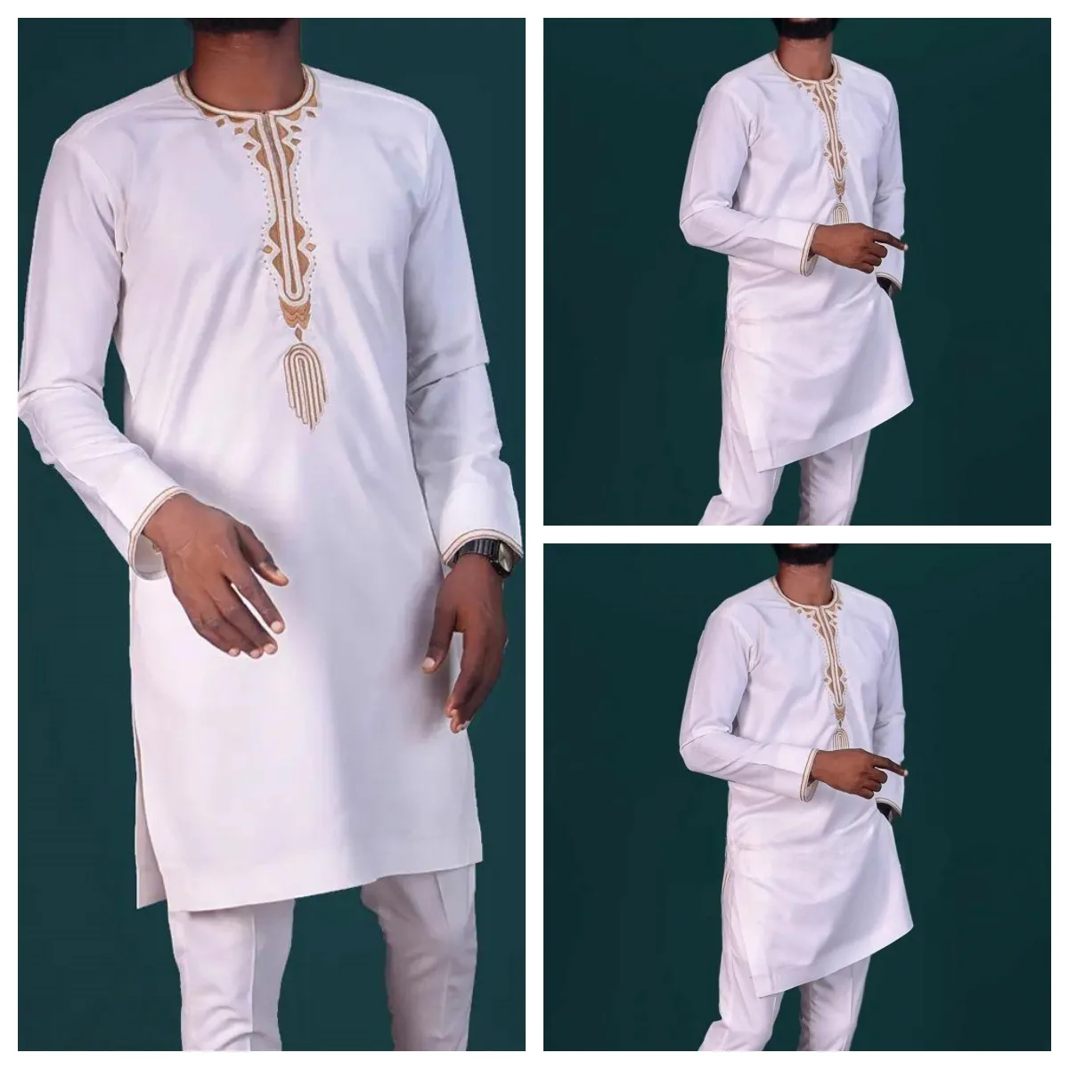 2024 New Men's Suit Top Trousers 2-piece Set Solid Color Round Neck Embroidery Long Sleeve Suit Wedding African Ethnic Style